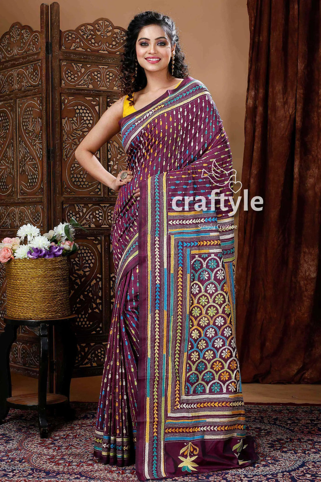 Sangria purple exclusive kantha silk saree woman patterned purple saree 1