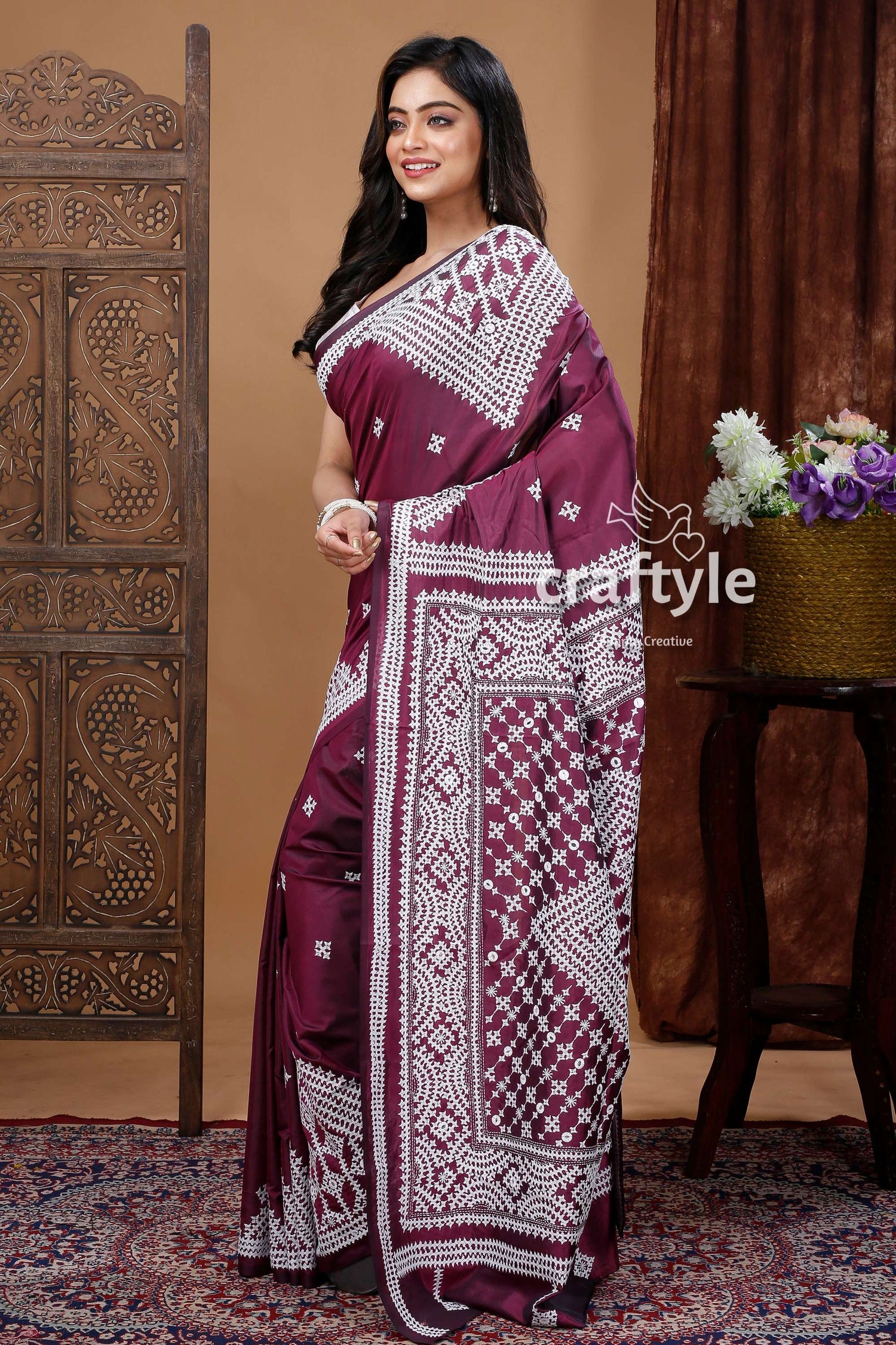 Sangria Purple Hand Embroidered Kantha Silk Saree - Elegant and Luxurious-Craftyle