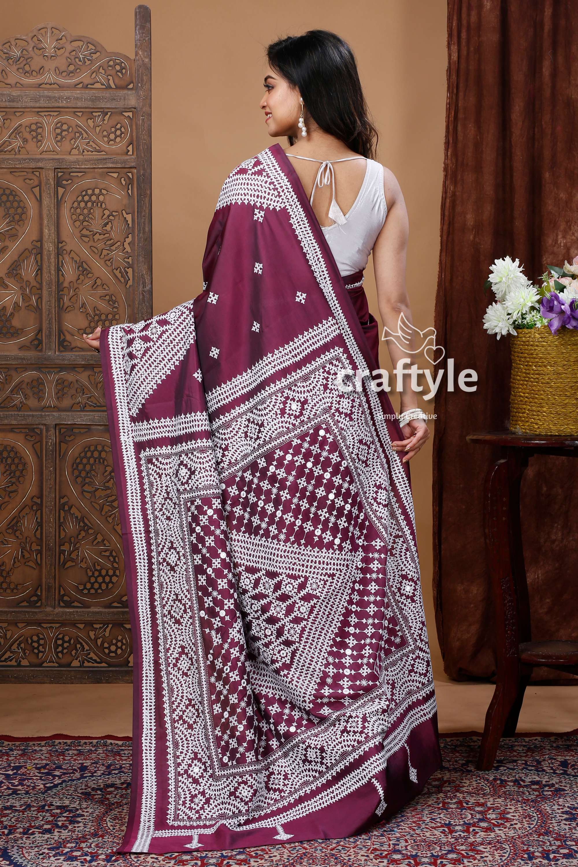 Sangria Purple Hand Embroidered Kantha Silk Saree - Elegant and Luxurious-Craftyle
