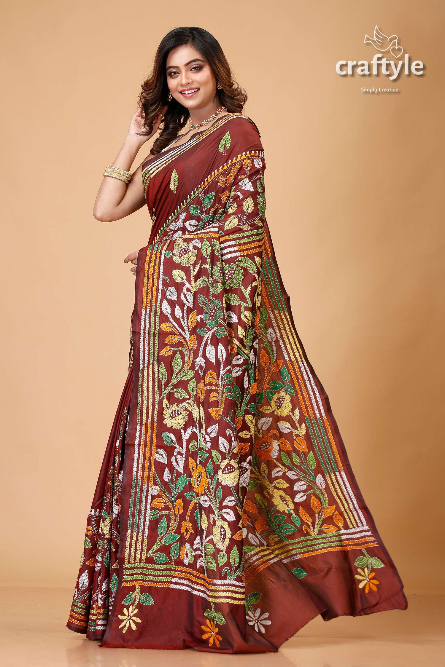Sanguine Brown Leaf Motif Silk Kantha Saree - Craftyle
