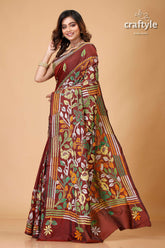 Sanguine Brown Leaf Motif Silk Kantha Saree - Craftyle