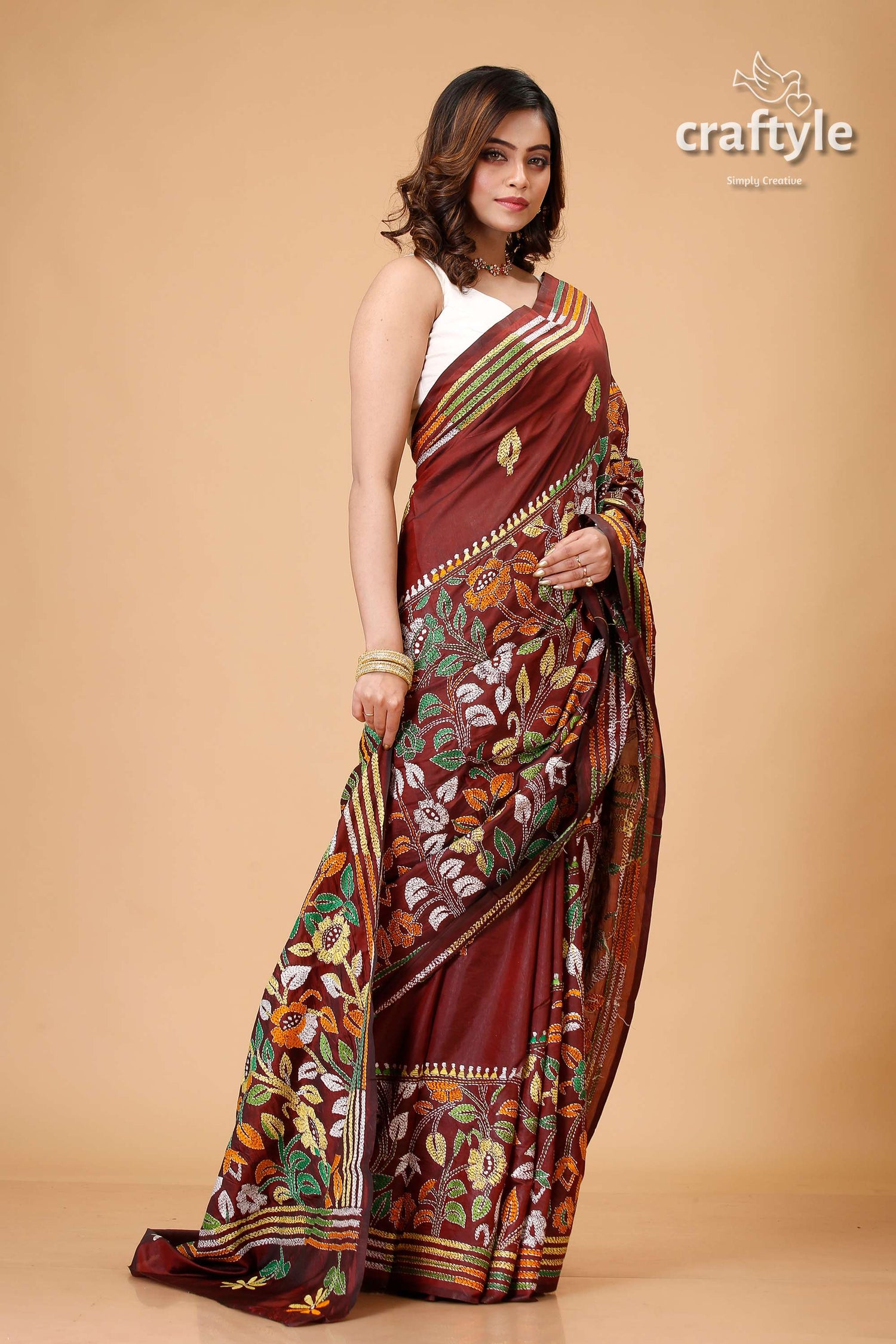 Sanguine Brown Leaf Motif Silk Kantha Saree - Craftyle