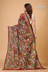 Sanguine Brown Leaf Motif Silk Kantha Saree - Craftyle