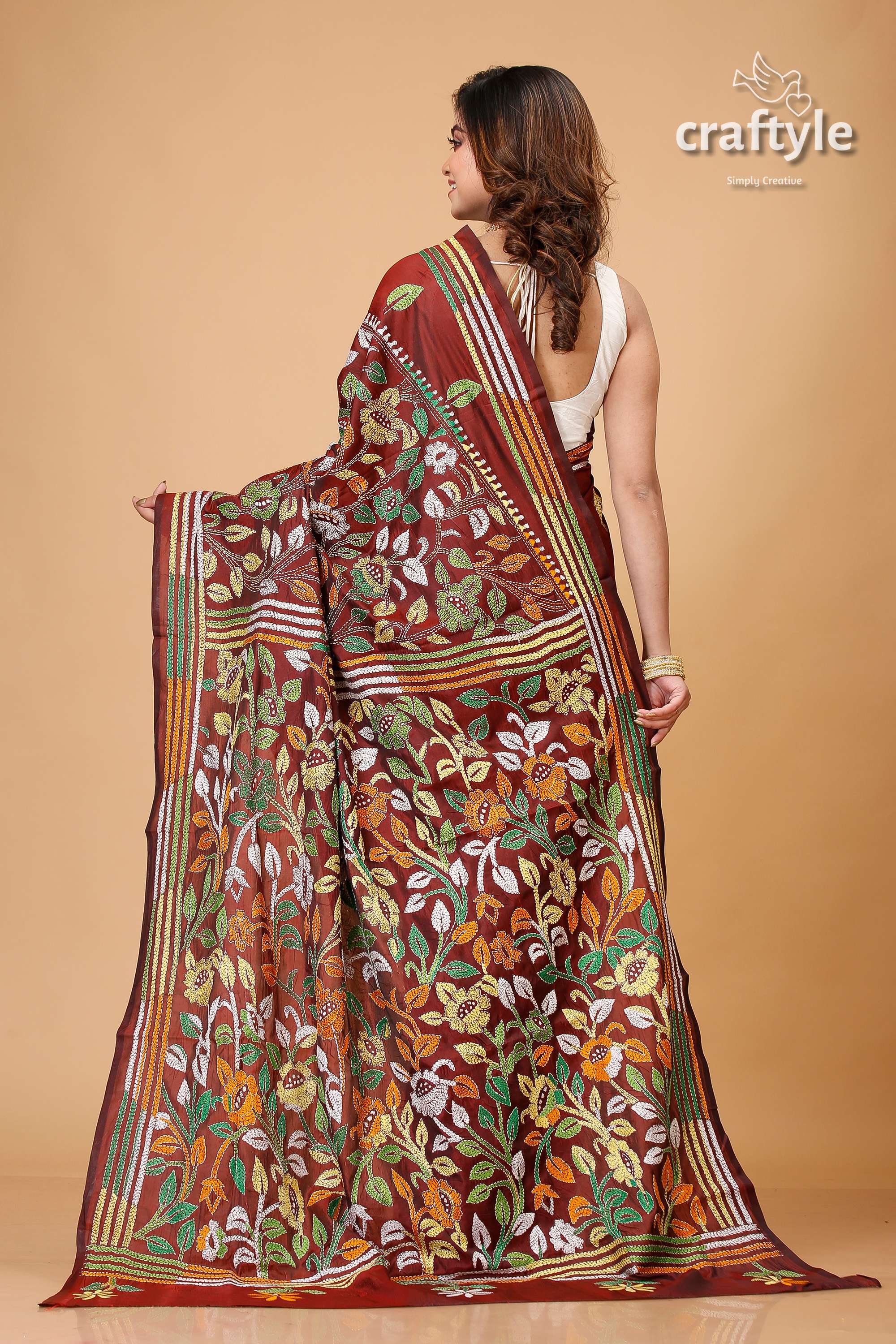 Sanguine Brown Leaf Motif Silk Kantha Saree - Craftyle