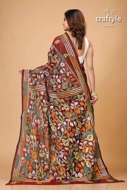 Sanguine Brown Leaf Motif Silk Kantha Saree - Craftyle
