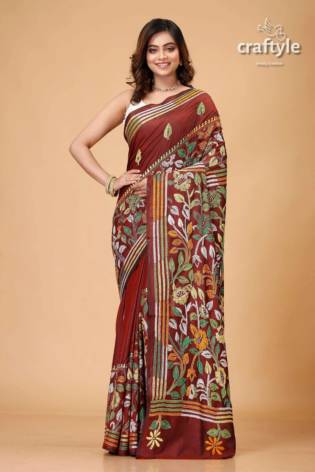 Sanguine brown leaf motif silk kantha saree maroon saree floral embroidery 1