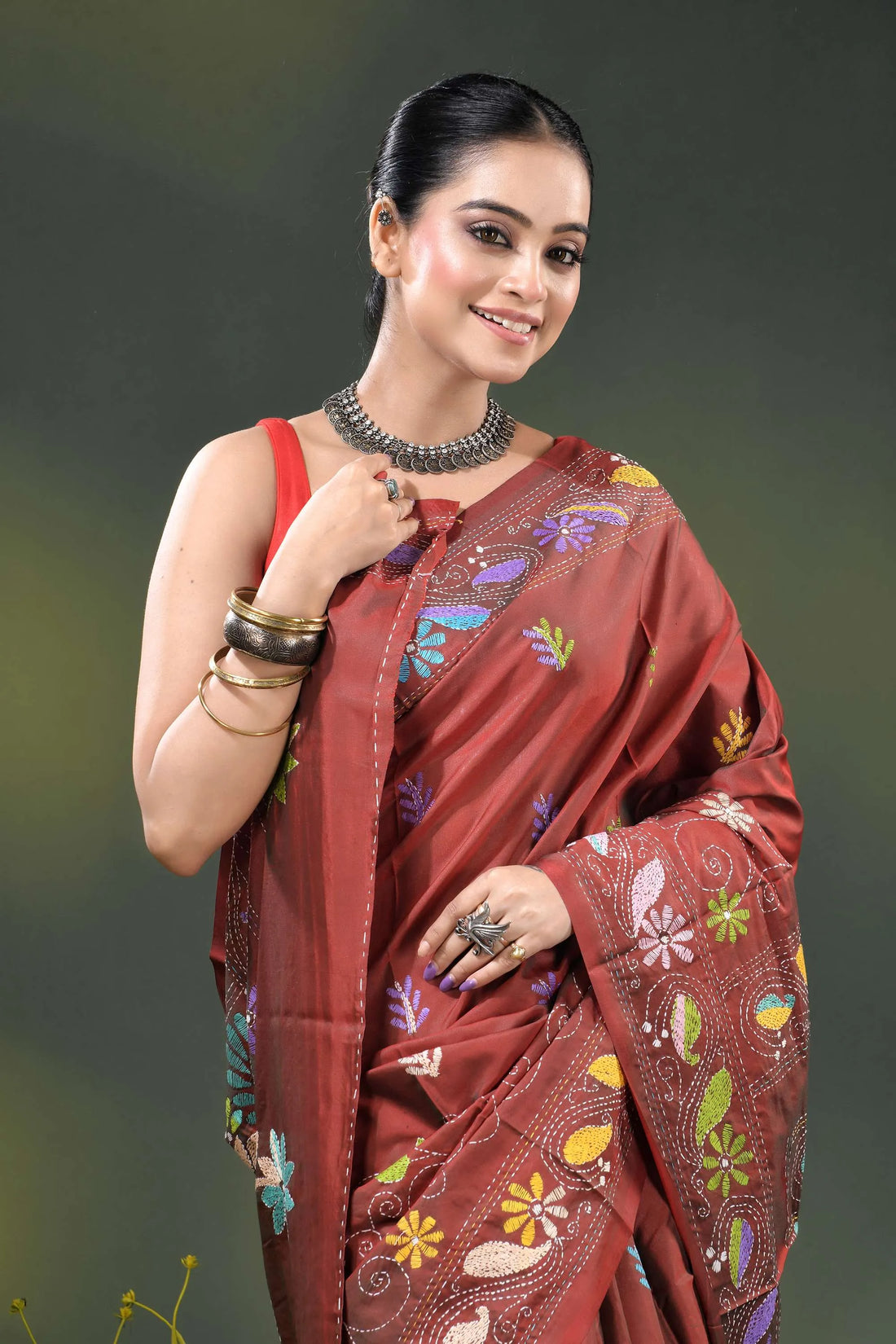 Sanguine brown silk kantha saree with multicolor floral nature motif 2