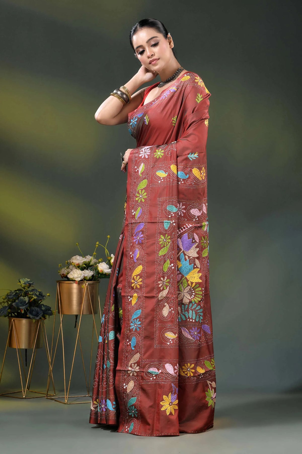 Sanguine brown silk kantha saree with multicolor floral nature motif 3