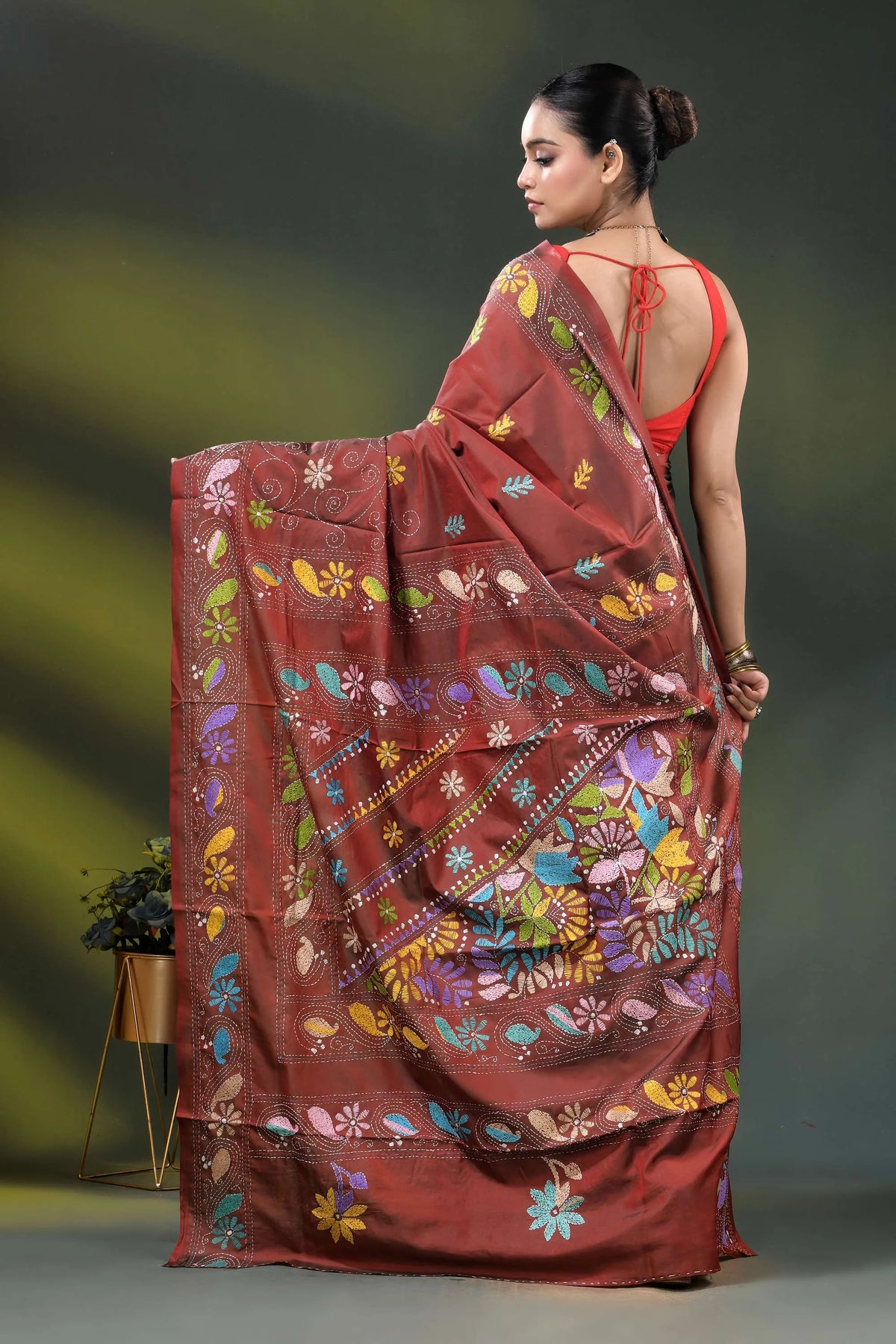 Sanguine brown silk kantha saree with multicolor floral nature motif 5