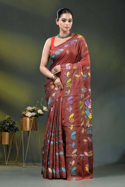 Sanguine brown silk kantha saree with multicolor floral nature motif 1