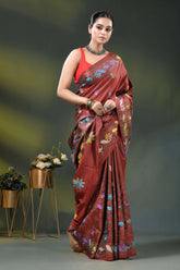 Sanguine brown silk kantha saree with multicolor floral nature motif 4