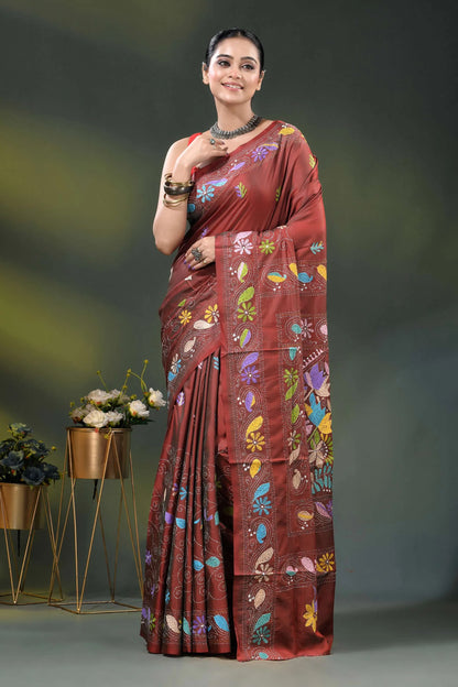 Sanguine brown silk kantha saree with multicolor floral nature motif 6