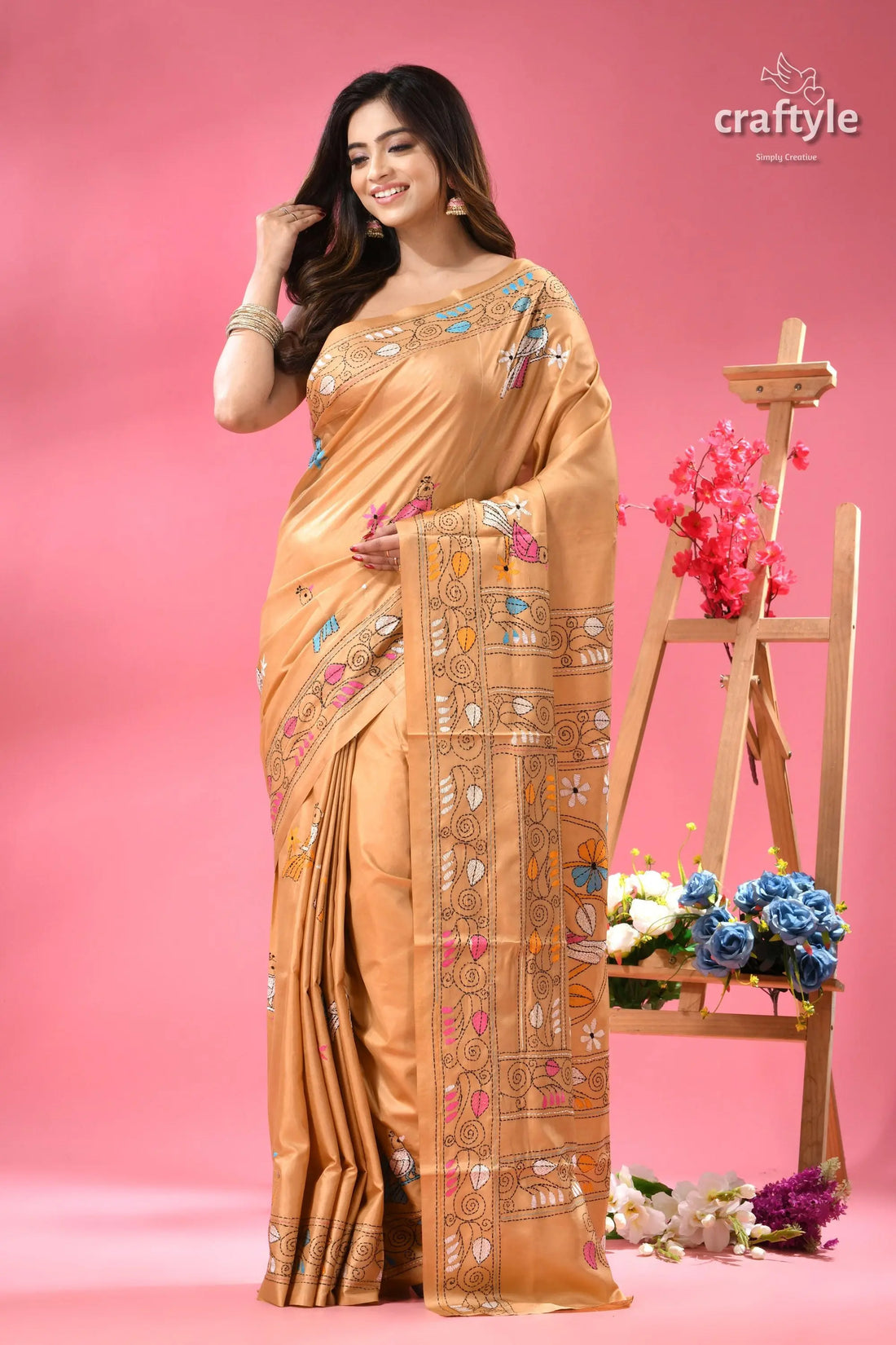 Sapling multicolor nature theme kantha silk saree woman peach-colored silk saree intricate 1