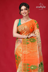Sapling Orange Graceful Floral Jamdani Saree-Craftyle