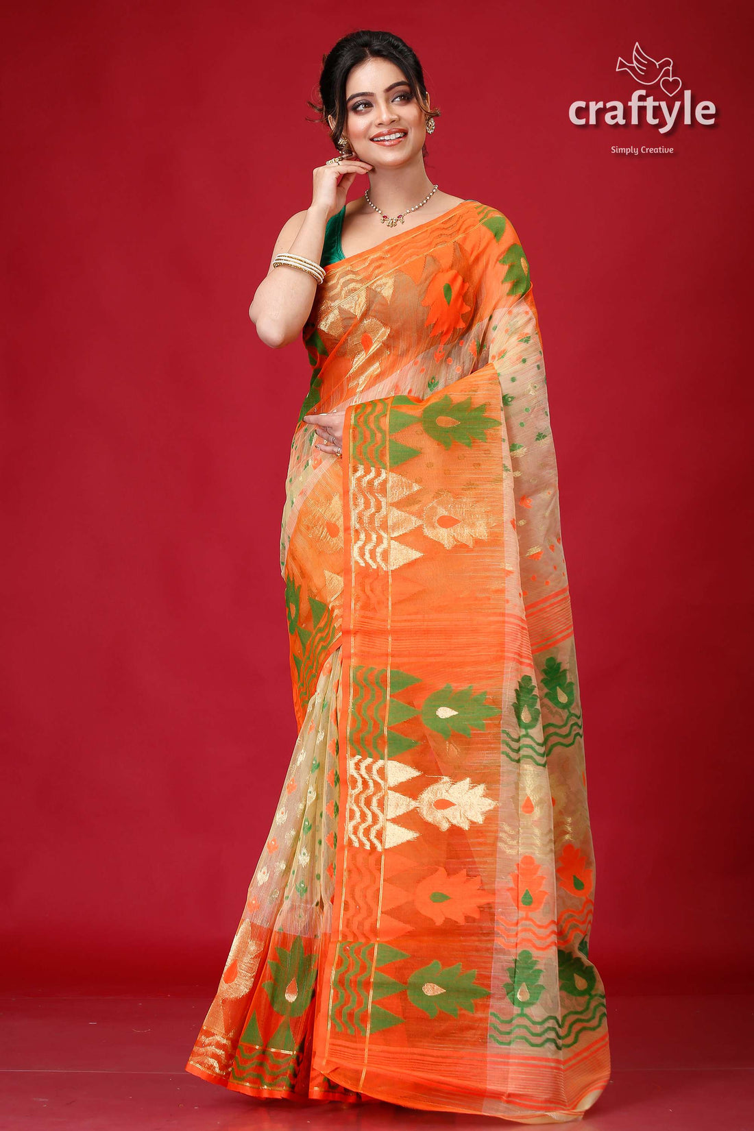 Sapling Orange Graceful Floral Jamdani Saree-Craftyle