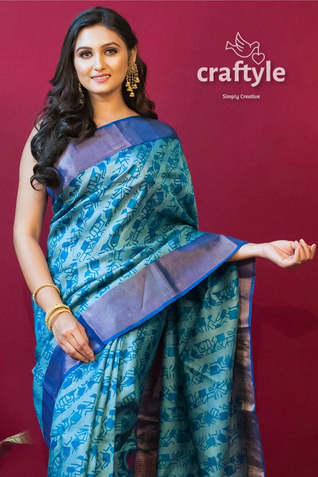 Sapphire blue hand block print pure tussar saree with blouse piece blue patterned saree 2