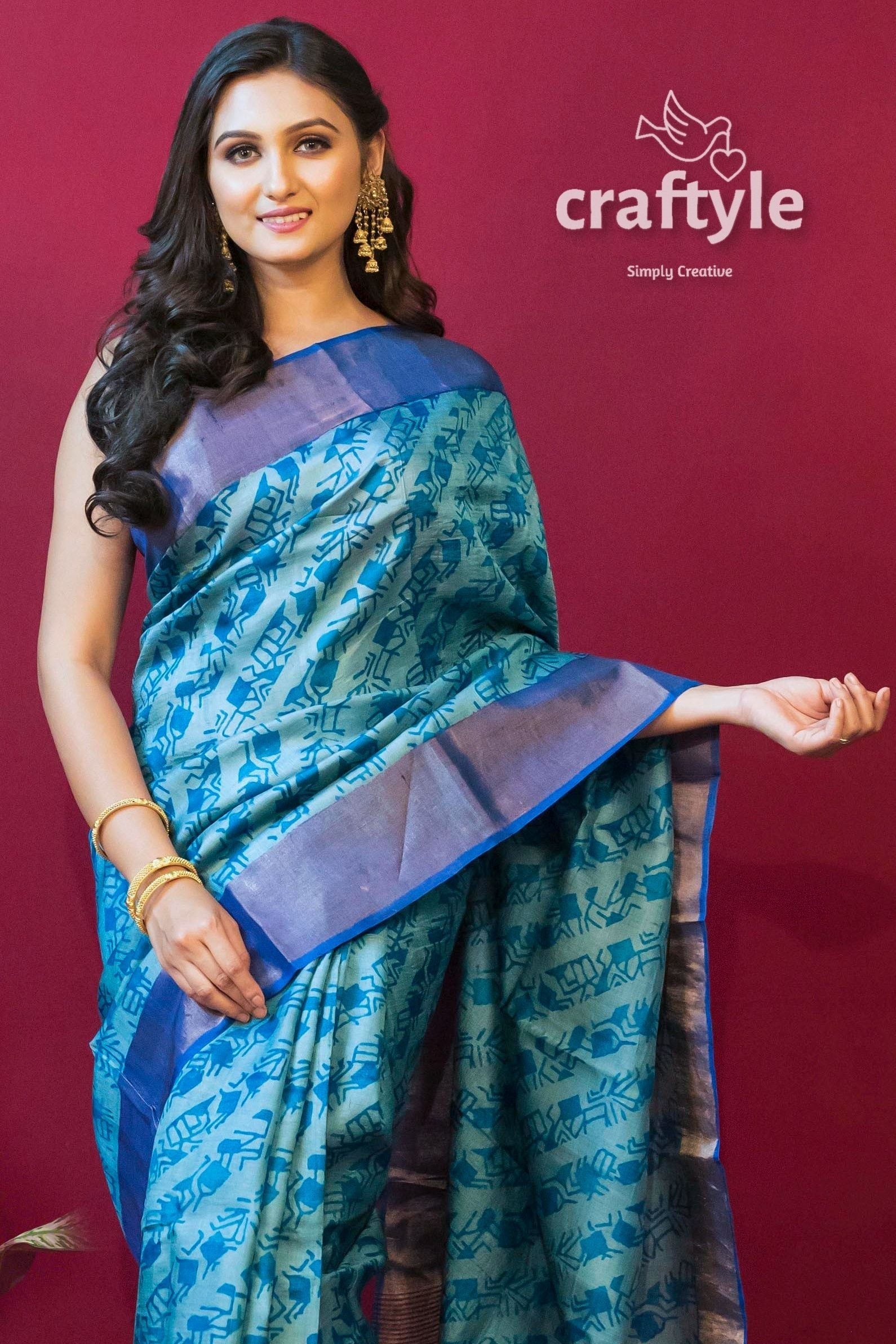 Sapphire Blue Hand Block Print Pure Tussar Saree with Blouse Piece - Craftyle