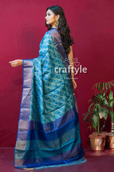 Sapphire Blue Hand Block Print Pure Tussar Saree with Blouse Piece - Craftyle