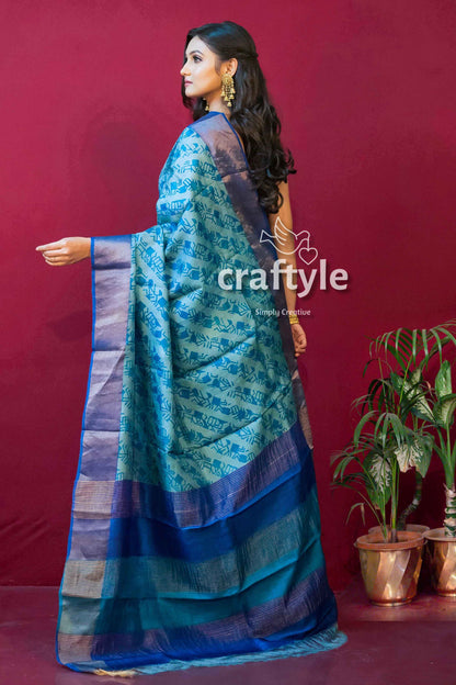 Sapphire Blue Hand Block Print Pure Tussar Saree with Blouse Piece - Craftyle