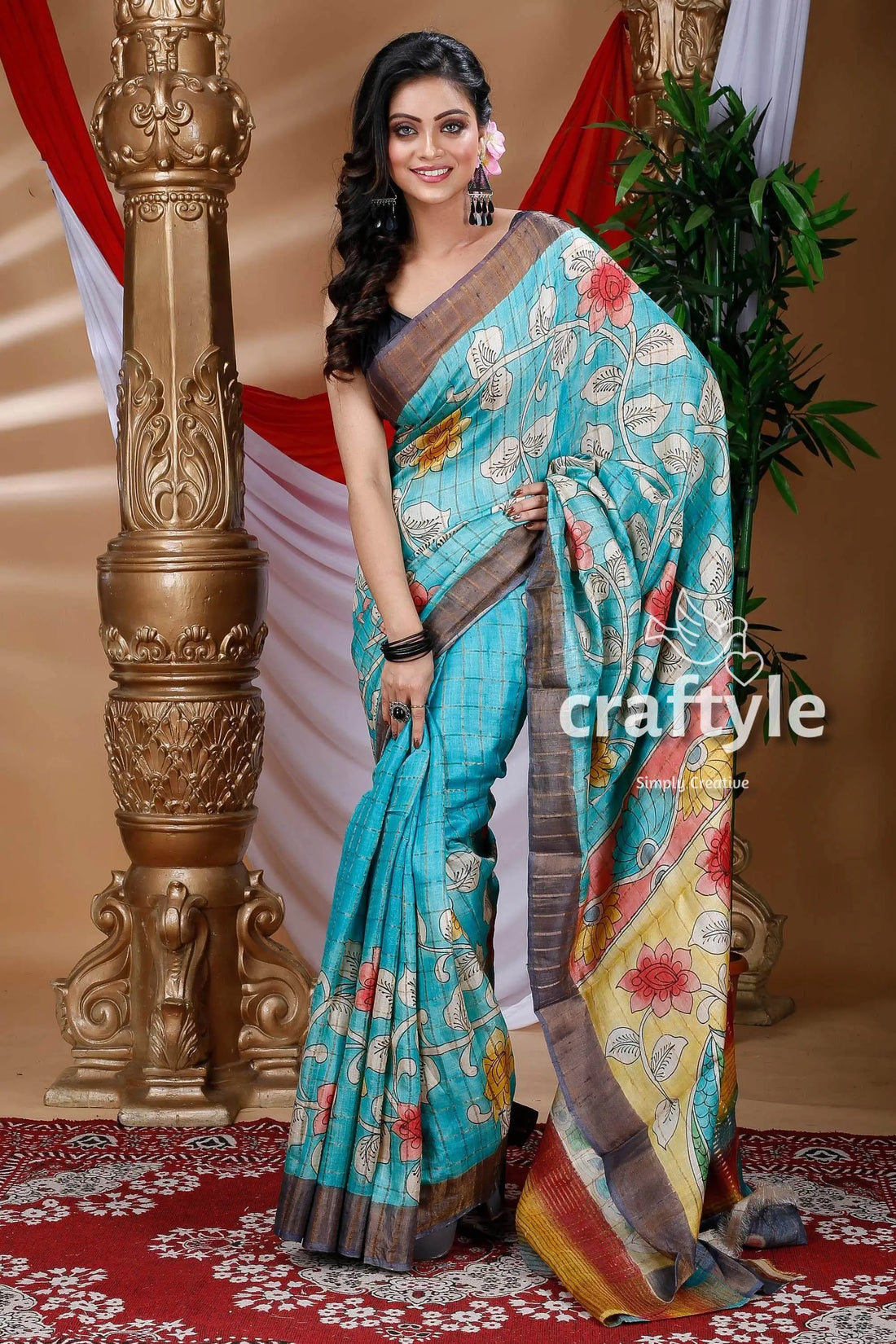 Sapphire blue hand painted zari pure tussar kalamkari saree floral-patterned blue saree 1