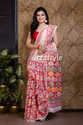 Scarlet Red and White Handloom Dhakai Jamdani Saree - Craftyle