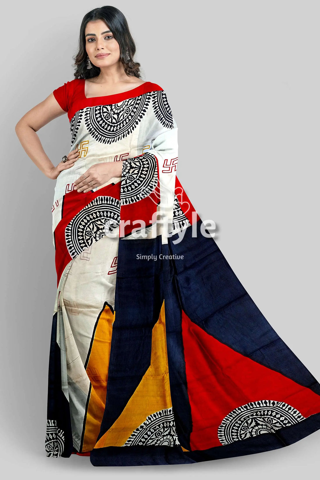 Scarlet red black hand block print mulberry silk saree - pure for women woman red white blue saree 1