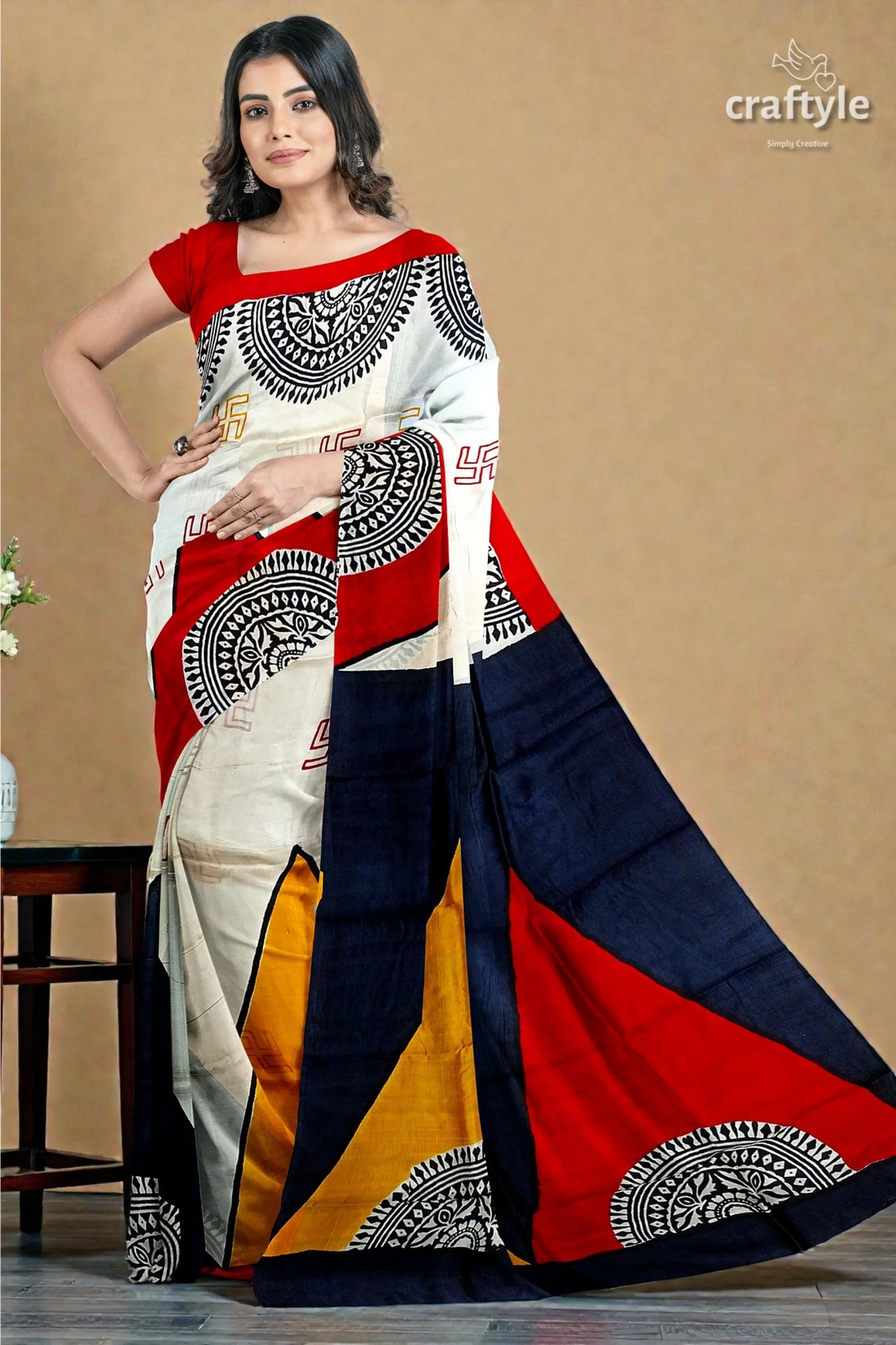 Scarlet red black hand block print mulberry silk saree - pure for women 1