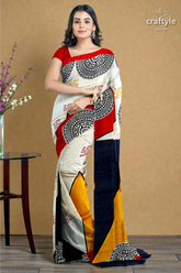 Scarlet red black hand block print mulberry silk saree - pure for women 2