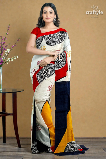 Scarlet red black hand block print mulberry silk saree - pure for women 2