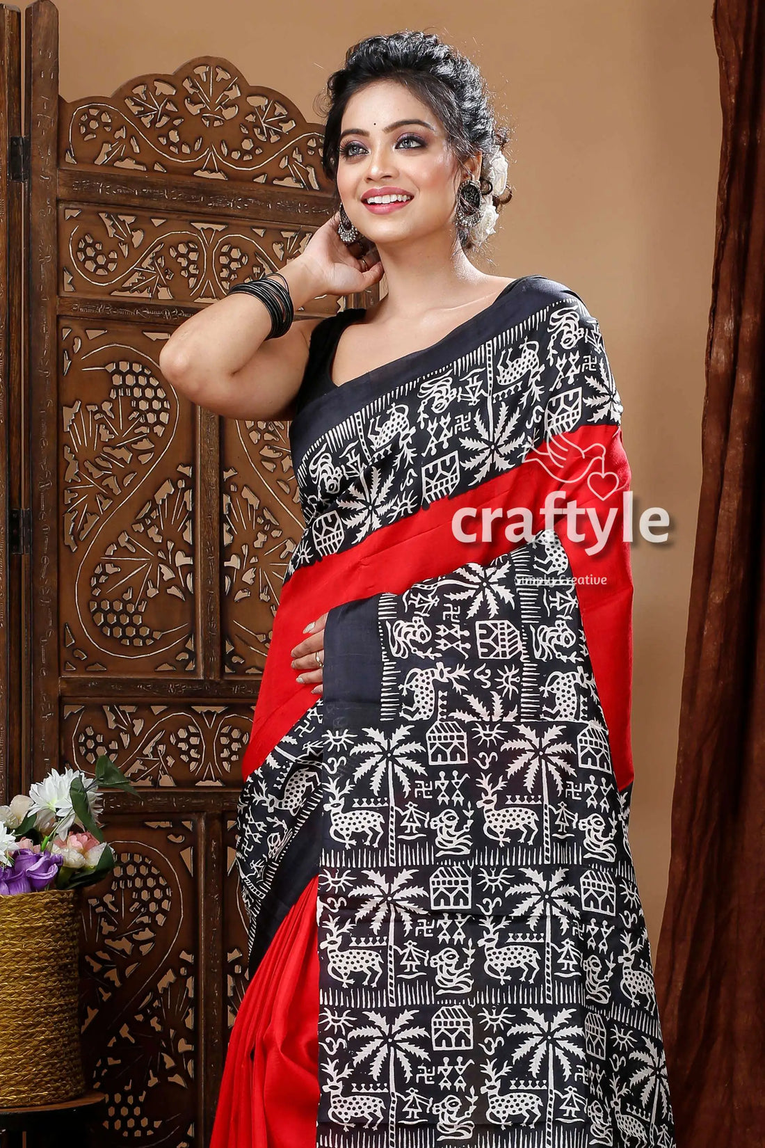 Scarlet red & black pure mulberry silk hand block saree woman black red white patterned 2