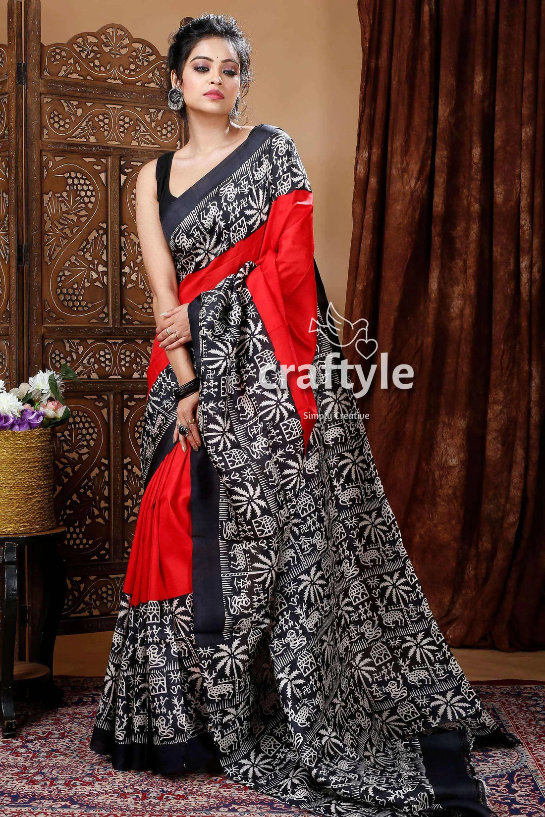Scarlet red & black pure mulberry silk hand block saree red black patterned saree 1