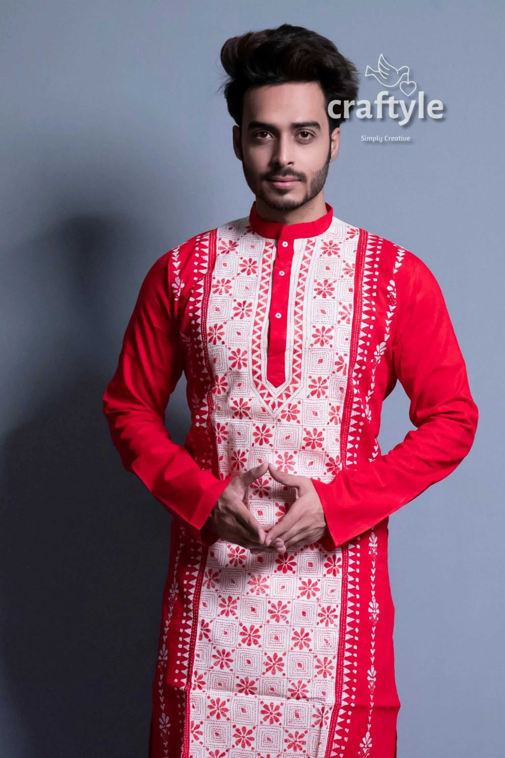 Scarlet red kantha stitch hand embroidery gents kurta white embroidered men’s 3