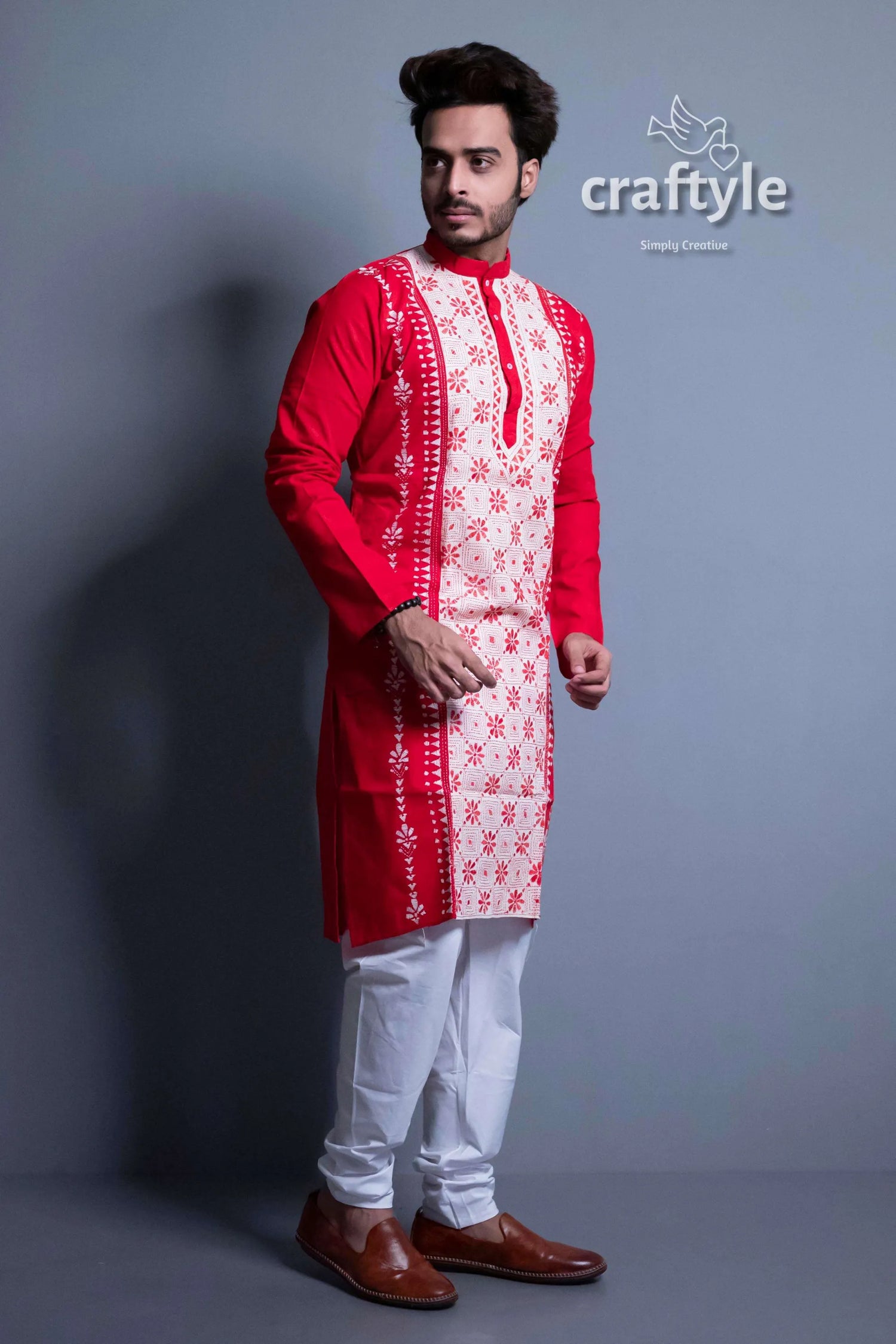 Scarlet red kantha stitch hand embroidery gents kurta men’s white patterned long-sleeved 2