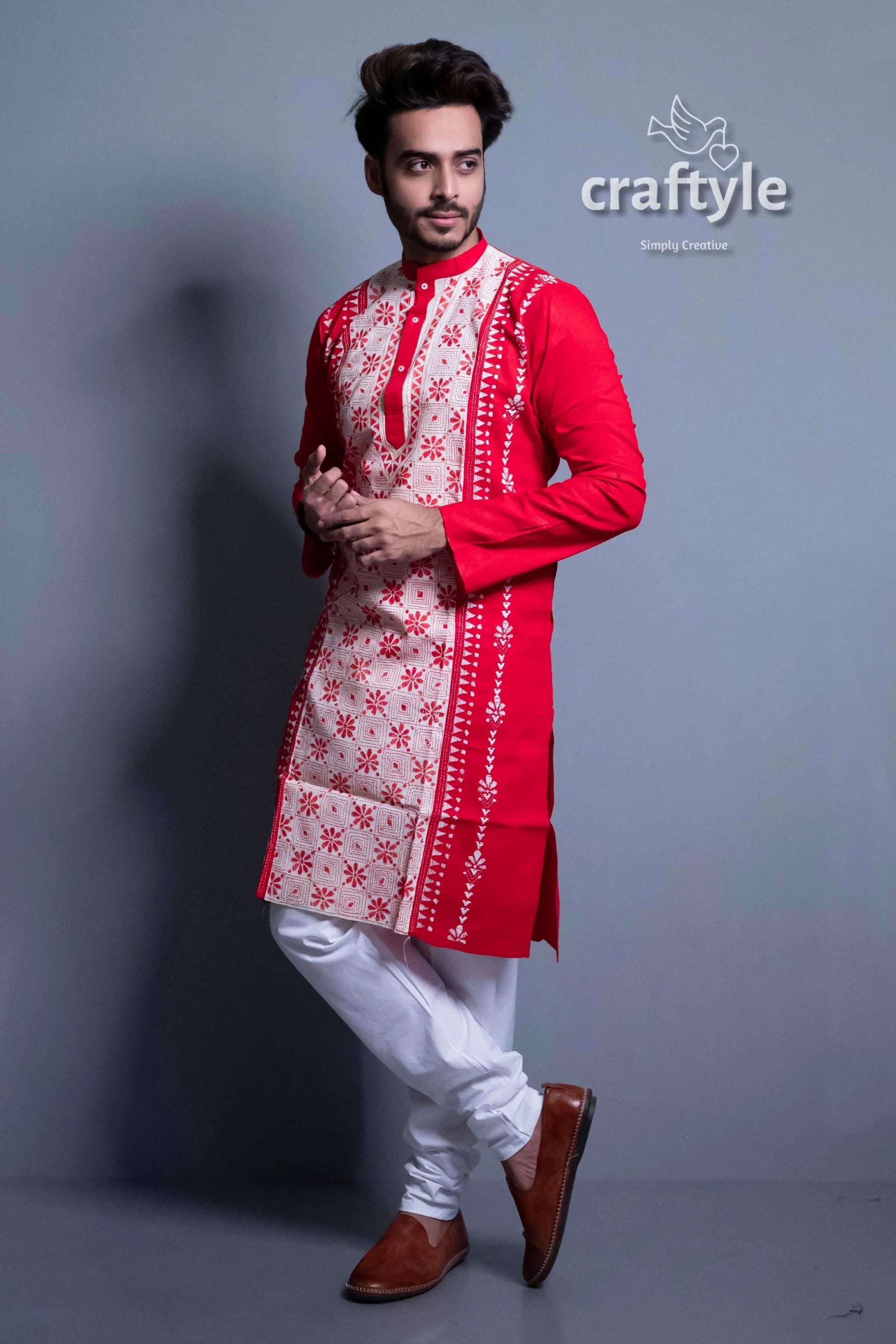 Scarlet red kantha stitch hand embroidery gents kurta men’s cream floral embroidered 4