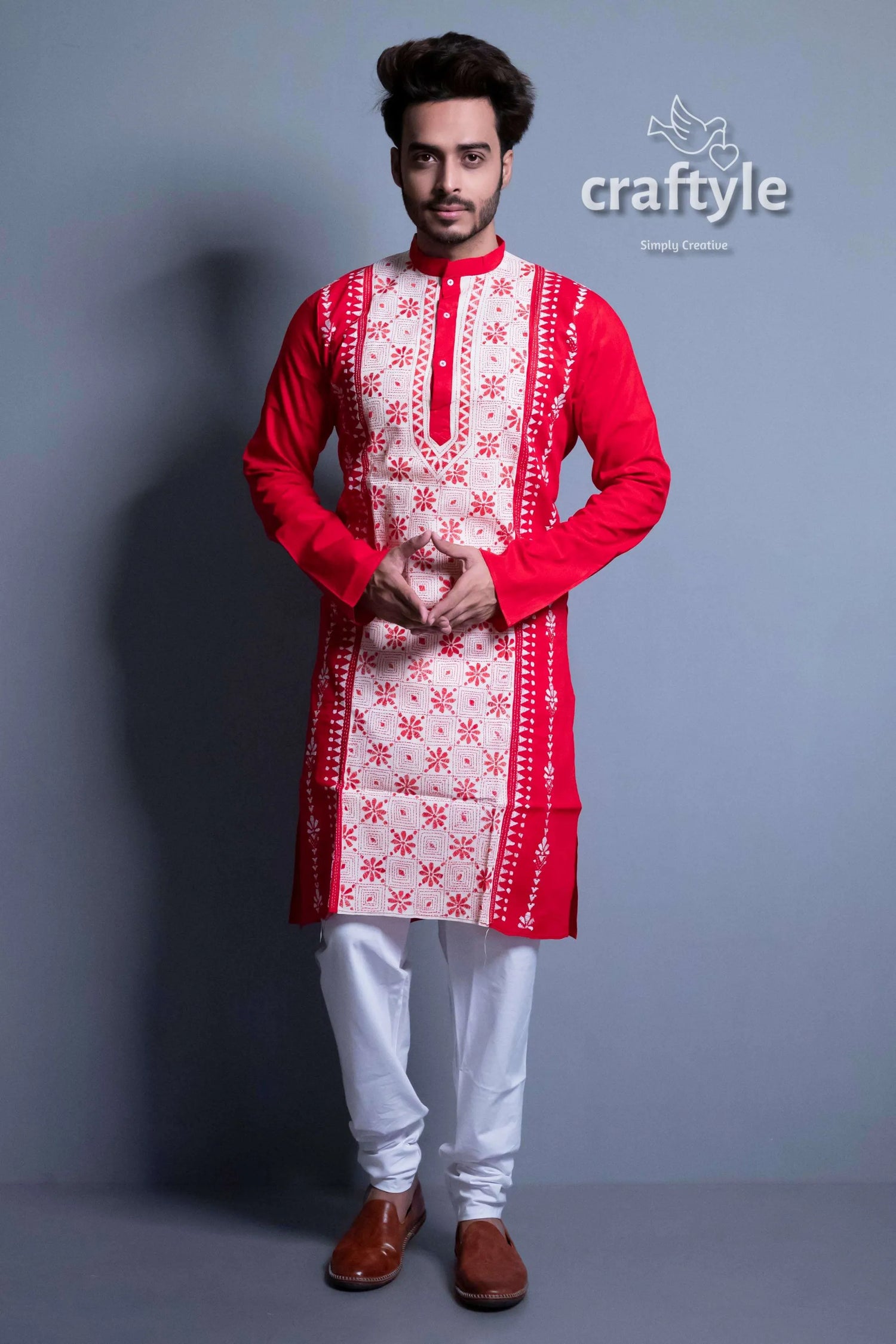 Scarlet red kantha stitch hand embroidery gents kurta men’s white embroidered 1