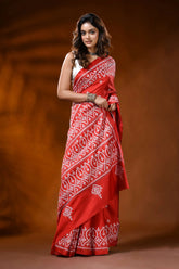 Scarlet red kutch work saree in silk with hand embroidered ethnic motif 4