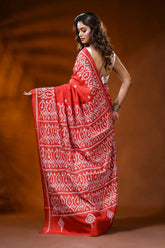 Scarlet red kutch work saree in silk with hand embroidered ethnic motif 5