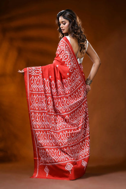 Scarlet red kutch work saree in silk with hand embroidered ethnic motif 5