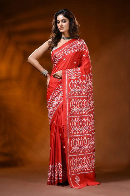Scarlet red kutch work saree in silk with hand embroidered ethnic motif 6
