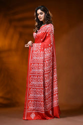 Scarlet red kutch work saree in silk with hand embroidered ethnic motif 3