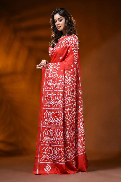 Scarlet red kutch work saree in silk with hand embroidered ethnic motif 3
