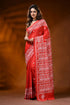 Scarlet red kutch work saree in silk with hand embroidered ethnic motif 1
