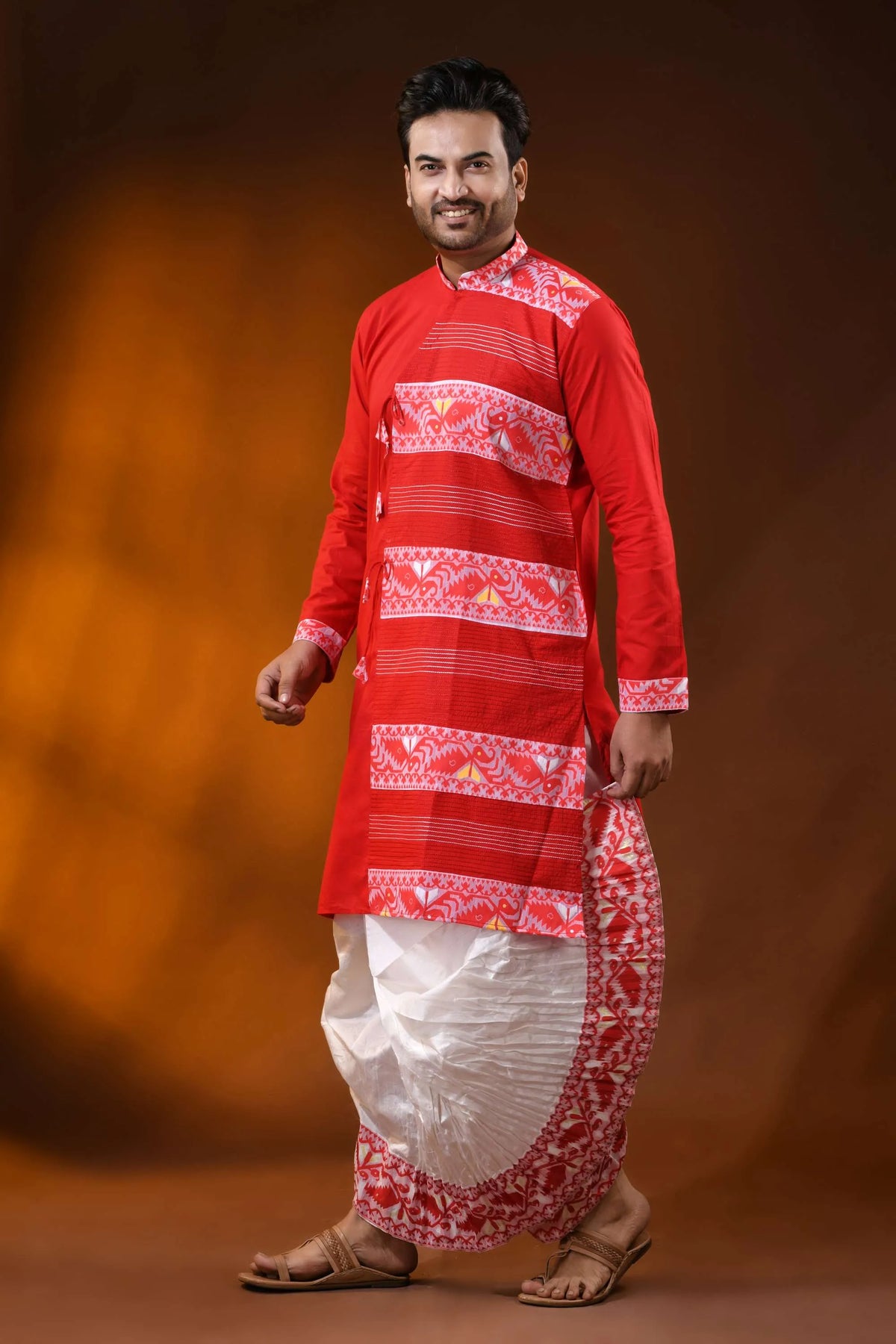 Scarlet red pure cotton jamdani kurta for men with ethnic design 5