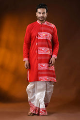 Scarlet red pure cotton jamdani kurta for men with ethnic design 7