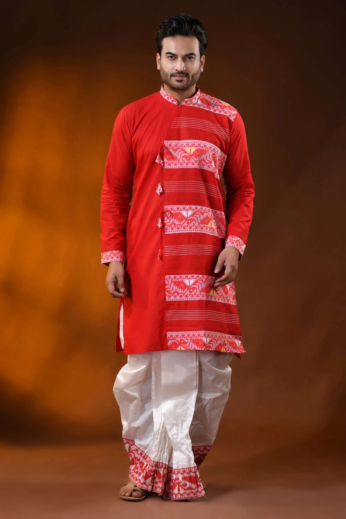 Scarlet red pure cotton jamdani kurta for men with ethnic design 7