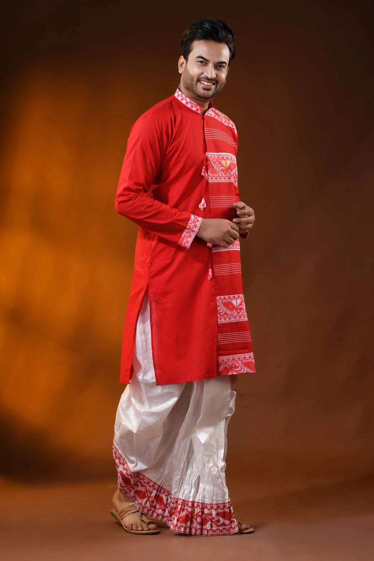 Scarlet red pure cotton jamdani kurta for men with ethnic design 3