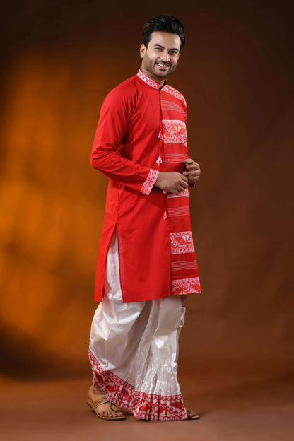 Scarlet red pure cotton jamdani kurta for men with ethnic design 3