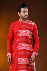 Scarlet red pure cotton jamdani kurta for men with ethnic design 2