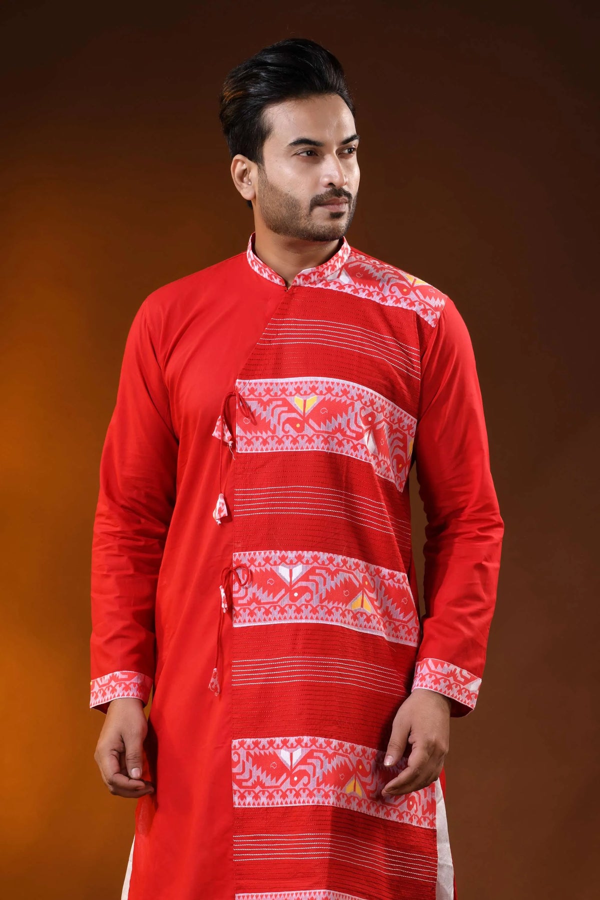 Scarlet red pure cotton jamdani kurta for men with ethnic design 2