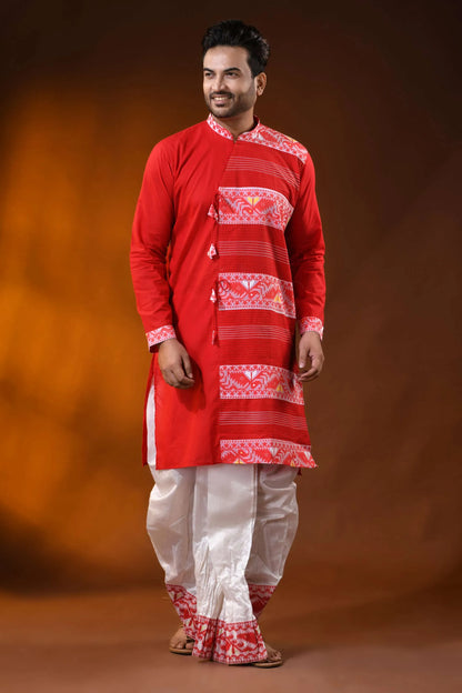 Scarlet red pure cotton jamdani kurta for men with ethnic design 4